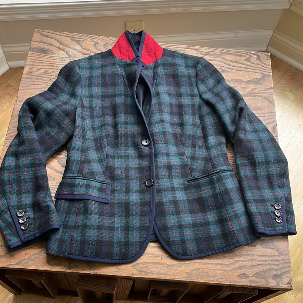Talbots wool blend  blazer green navy and red plaid size 12